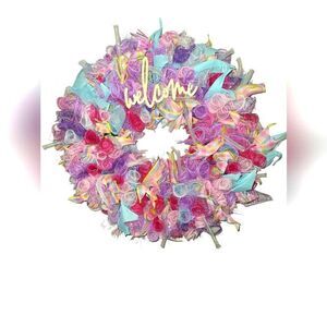 Blue, pink, purple mesh & ribbon Welcome Wreath Handmade by Me Approx 18 in